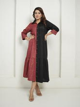 Red Block Print and Black Dress with Detailing